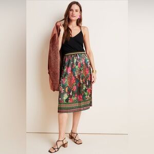 FARM Rio Boho Pleated Midi Skirt Floral Animal Print Border Hem